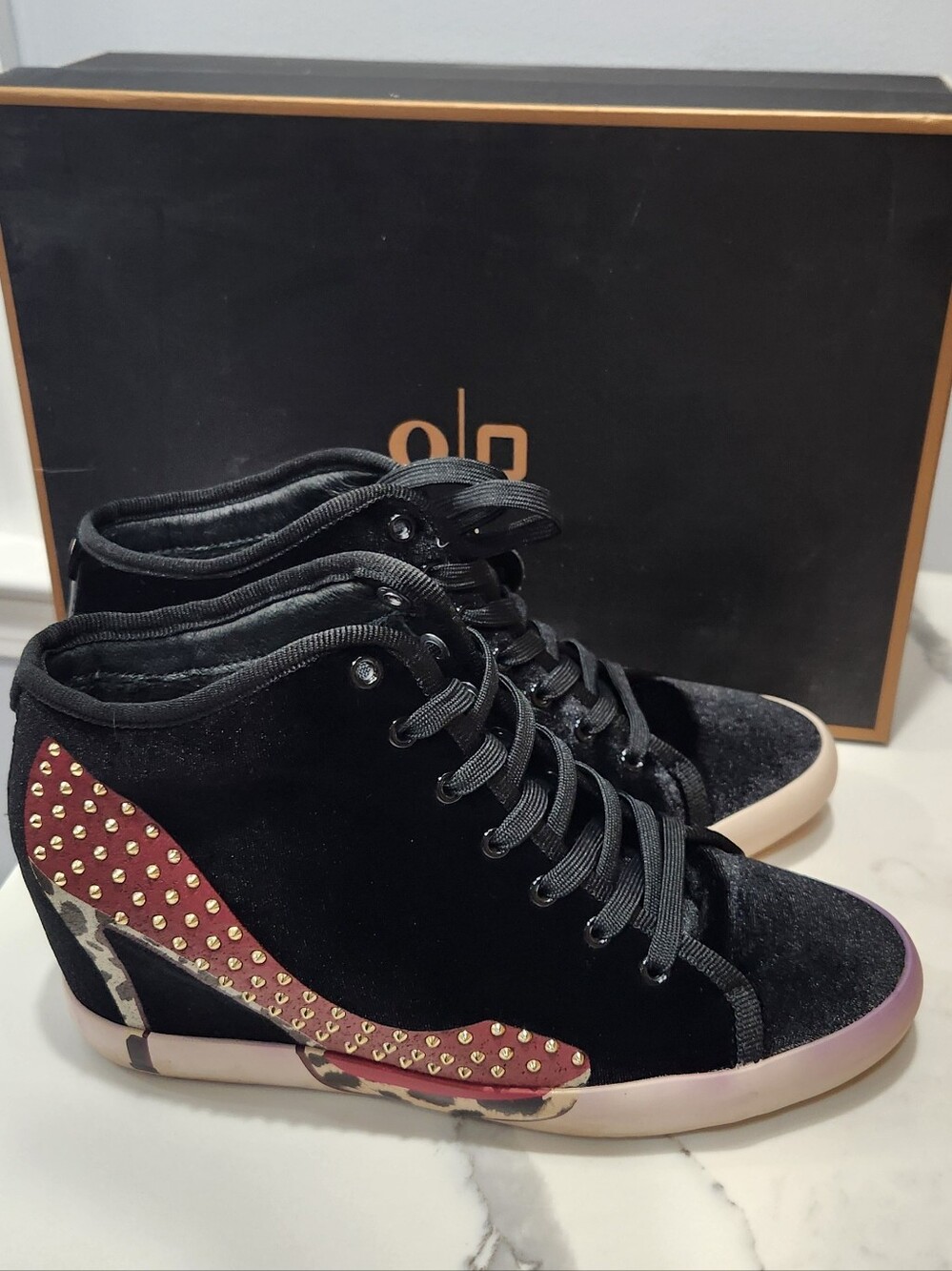 Olo Black Velvet High-Top Sneakers with Studded Accent In Size 38